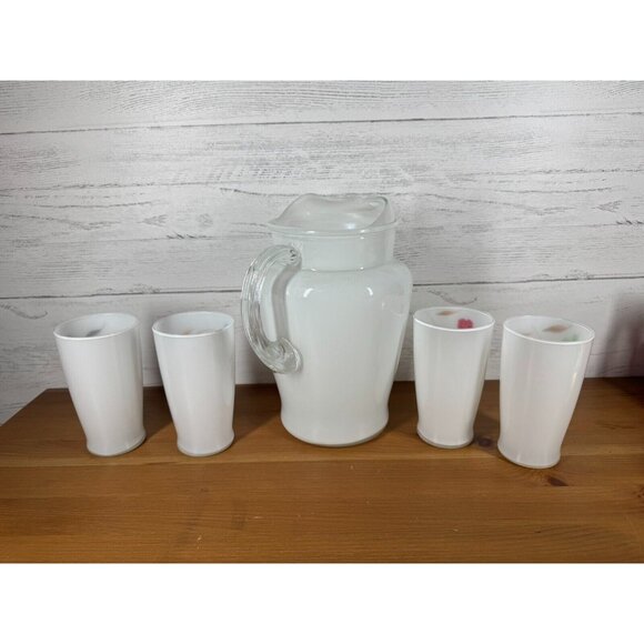 Vintage MCM Bartlett Collins Gay Fad White Frosted Fruit Pitcher & 4 Glasses - Picture 3 of 9